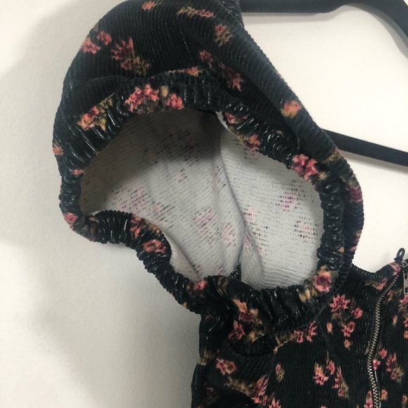 Black Floral Whimsygoth Puff Sleeve Corduroy Mini Dress Sweetheart Neck. Size L - Picture 12 of 16